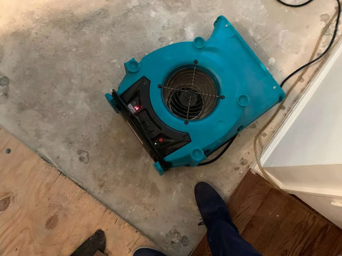 Air mover drying subfloor during Commercial Water Damage Restoration in St. Louis Park